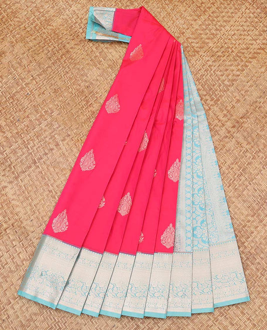 Pink Budget Silk Saree, Gleamed Up with Zari Buttas, Complemented by Contrast Traditional Zari Border, a Grand Pallu and a Contrast Blouse
