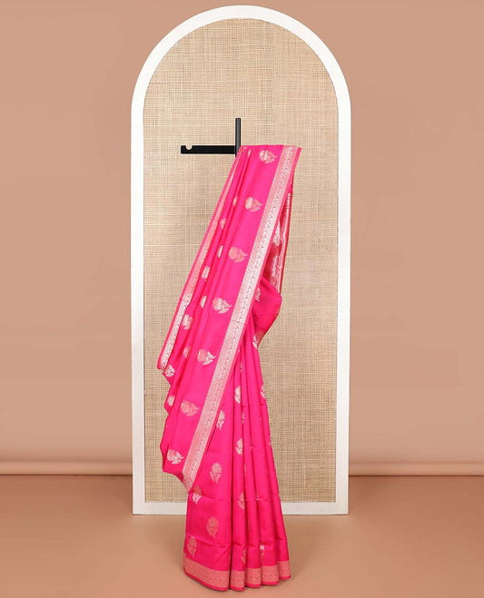 Pink floral motifs butter silk silk saree with self zari design border & floral jaal design pallu