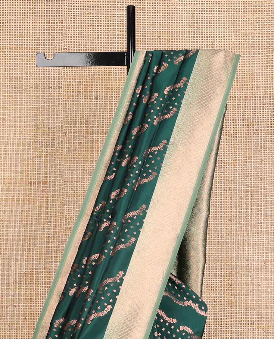 Green butter silk saree with floral zari designs, contrast traditional zari design & jaal pallu
