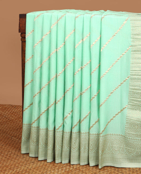 Green diagonal striped semi-banaras crepe saree, traditional design border & intricate pallu
