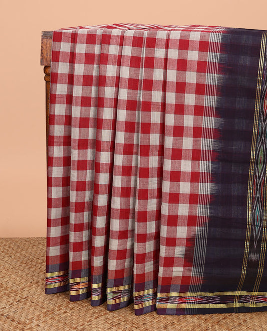 Multi-color checked Andhra cotton saree, contrast ikkat border, and pallu of ikkat designs