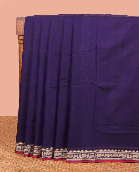 Blue Plain Narayanpet Cotton Saree, Complemented by a Contrast Traditional Thread Border, Vibrant Pallu, and Paired with a Matching Blouse
