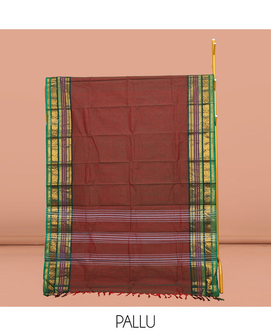 Red Plain Chettinad Cotton Saree, Complemented by a Contrasting Traditional Zari Design Border, Subtly Striped Pallu, and Paired with a Matching Blouse