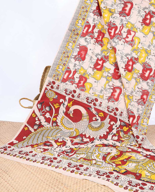 Multi-color Pichwai cow machine-printed kalamkari cotton saree, uniquely printed border & animal motifs pallu