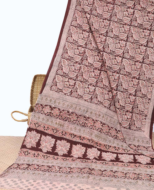Brown leaf design machine-printed kalamkari cotton saree with contrast geometric design border & floral design pallu