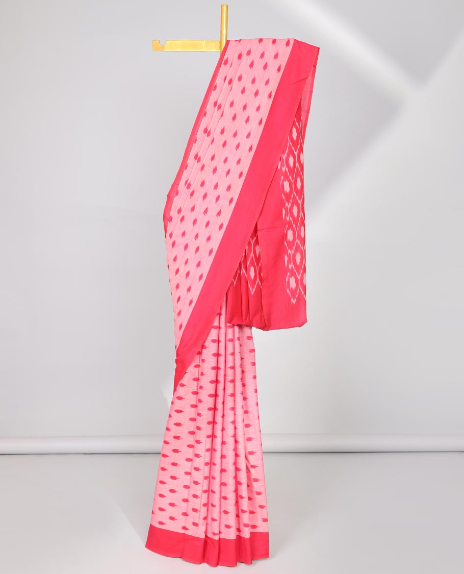 pink buttas design ikkat cotton saree with contast plain border & ogee design pallu