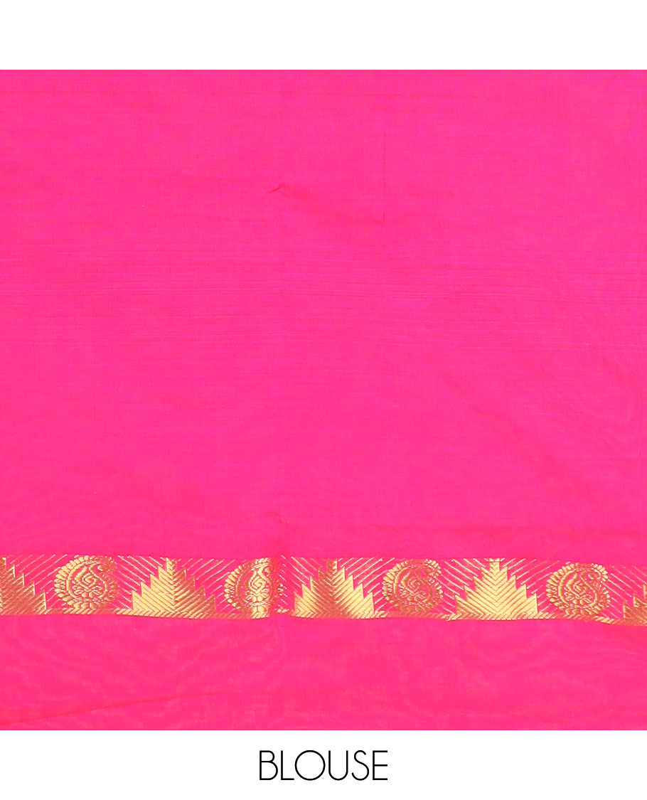 Grey plain poly cotton saree, contrast traditional zari border, and pallu of stripes