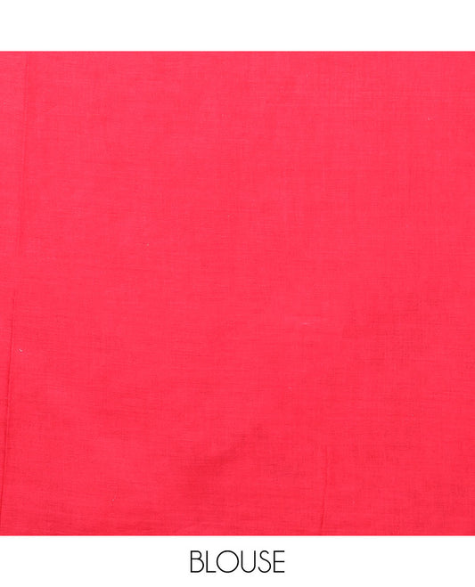 Red floral printed mixed cotton saree, plain border, and pallu of paisley print