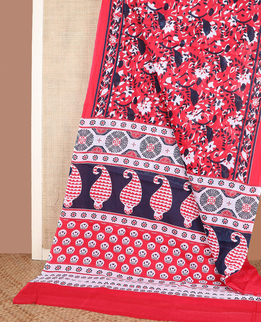Red floral printed mixed cotton saree, plain border, and pallu of paisley print