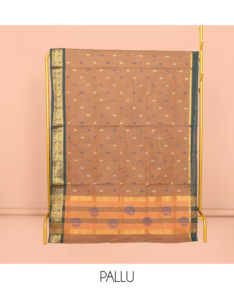 Brown Venkatagiri Cotton Saree, Elevated with Buttas, a Contrast Floral Design Zari Border, Pallu of Buttas and Stripes, and No Blouse
