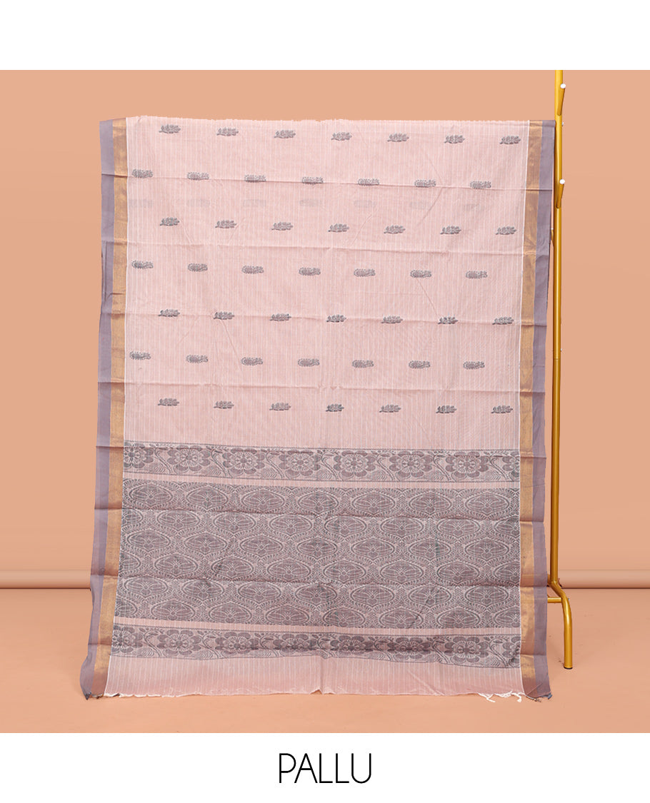 Light Beige Kanchi Cotton Saree, Subtly Designed with Buttas and Stripes, Contrast Border, Pallu of Ogee Patterns, and a Matching Blouse