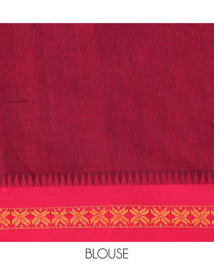 Deep forest green plain design Kadhi cotton saree, contrast star & temple motifs thread border & striped pallu