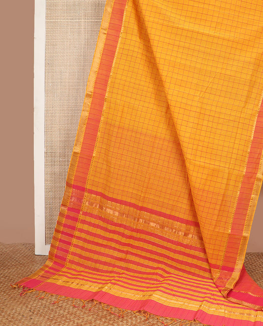 Orange checked venkatagiri cotton saree with contrast striped, temple border & checked pallu