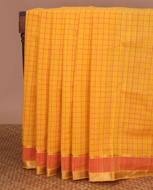 Orange checked venkatagiri cotton saree with contrast striped, temple border & checked pallu