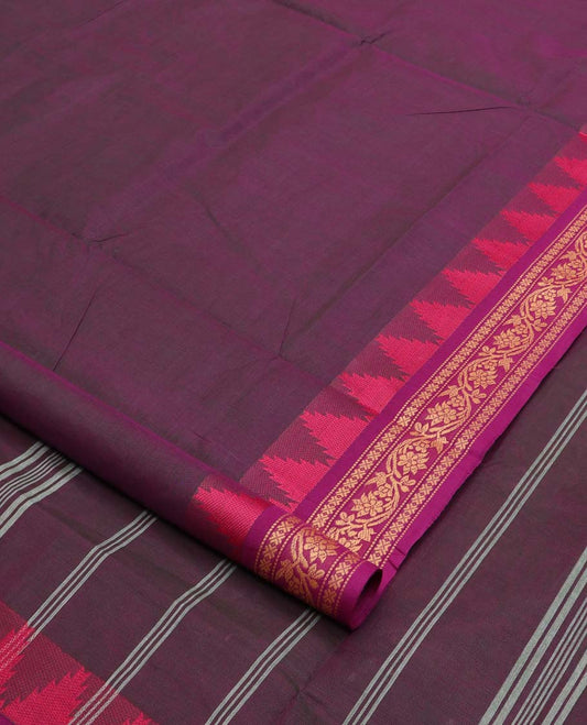 Eggplant purple plain nine-yard cotton saree, contrast temple traditional border, and striped pallu