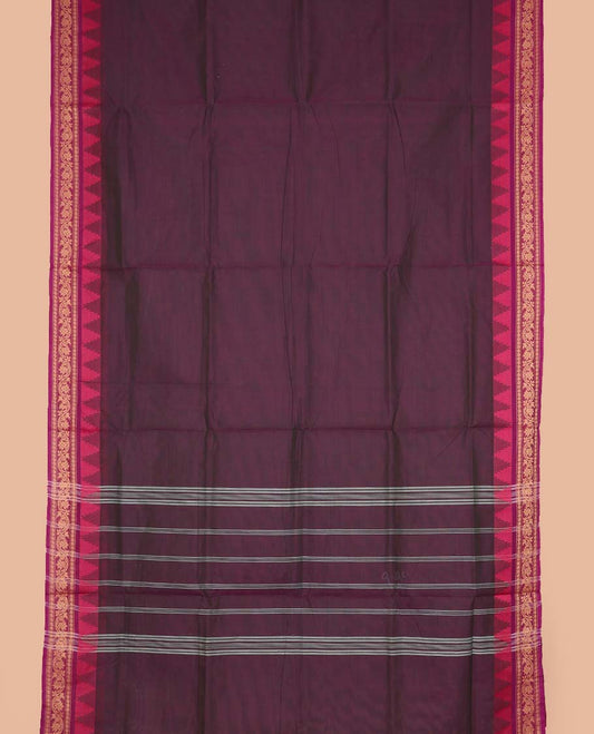 Eggplant purple plain nine-yard cotton saree, contrast temple traditional border, and striped pallu