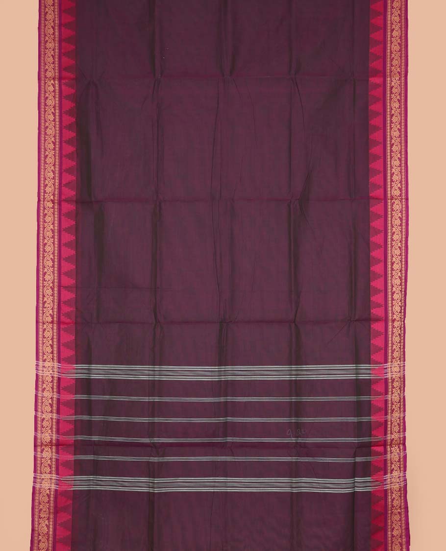 Eggplant purple plain nine-yard cotton saree, contrast temple traditional border, and striped pallu