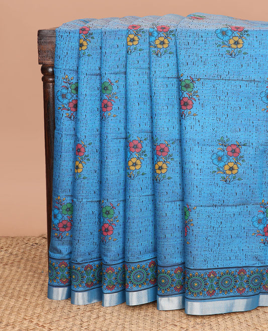Blue abstract floral buttas printed chirala cotton saree, printed border, and contrast floral print pallu