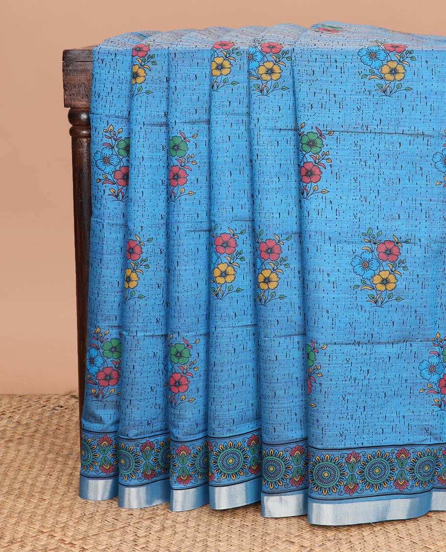 Blue abstract floral buttas printed chirala cotton saree, printed border, and contrast floral print pallu