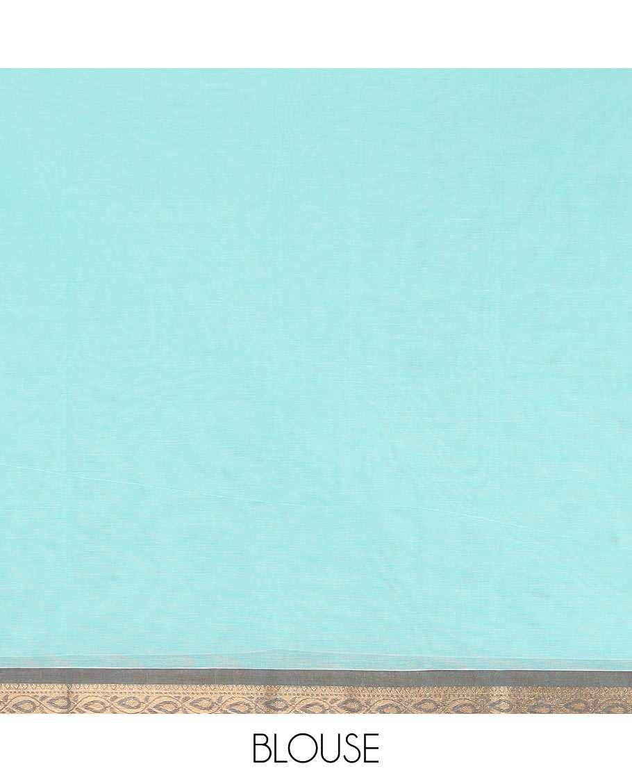 Blue dotted stripes, and heart buttas kanchi cotton saree, contrast zari border, and thilaka motifs steeped pallu