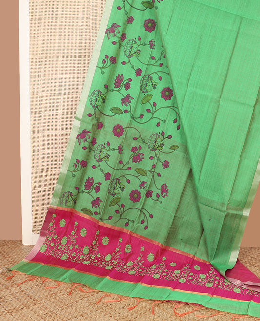 Green floral vine and Pichwai cow printed chirala cotton saree, plain border, and contrast floral printed pallu