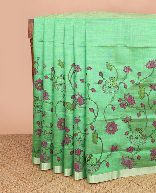 Green floral vine and Pichwai cow printed chirala cotton saree, plain border, and contrast floral printed pallu