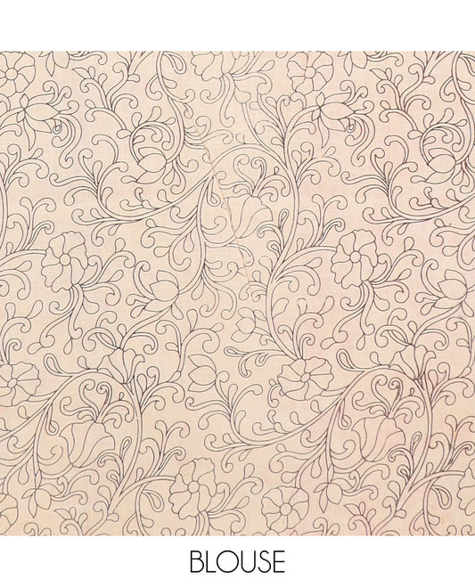 Yellow floral vine and bird machine-printed Kalamkari cotton saree, contrast peacock border, and pallu of floral-geometric designs