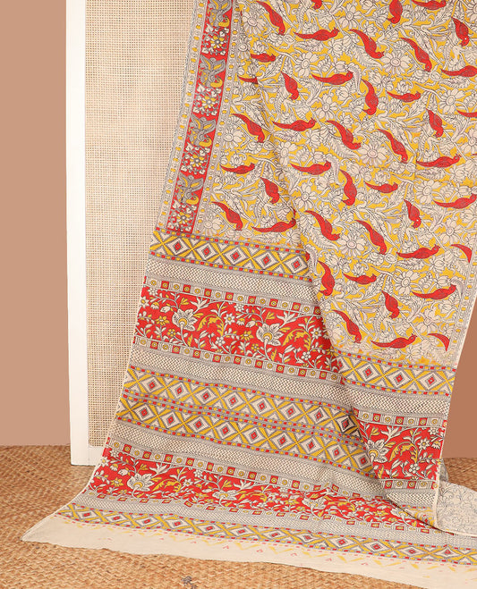 Yellow floral vine and bird machine-printed Kalamkari cotton saree, contrast peacock border, and pallu of floral-geometric designs