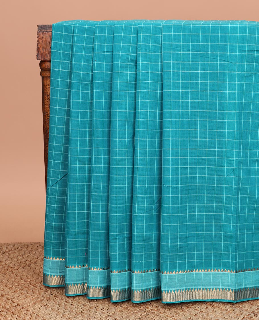 Blue checked Mangalgiri cotton saree, temple border, and checked pallu