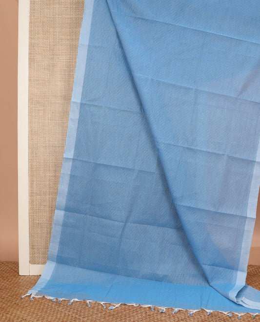 Blue striped chirala cotton saree, plain border, and contrast floral vine printed blouse