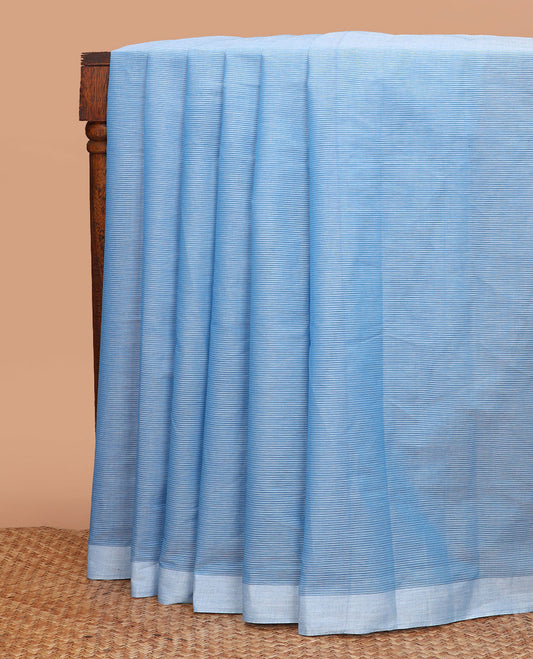 Blue striped chirala cotton saree, plain border, and contrast floral vine printed blouse