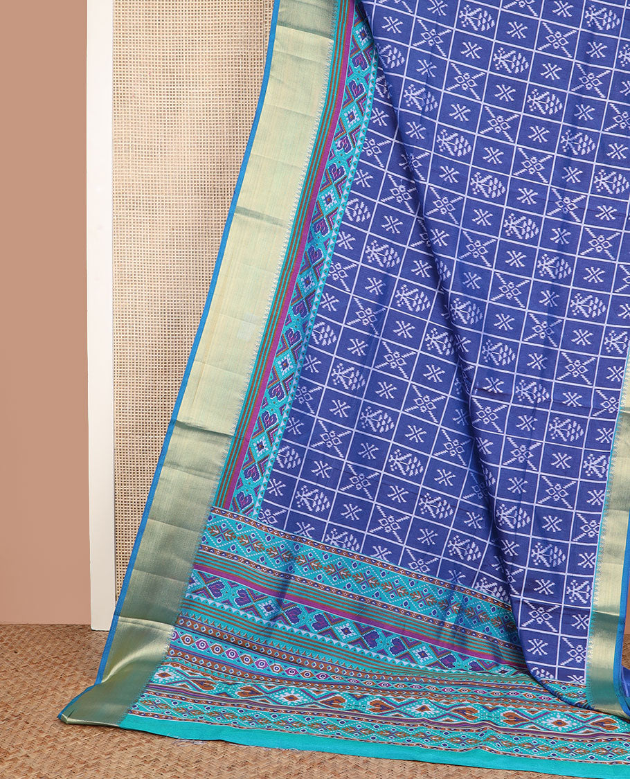 Navy blue butta enclosed checked semi-banaras patola silk saree, contrast temple zari border of ikkat design, and pallu steeped with geometric patterns