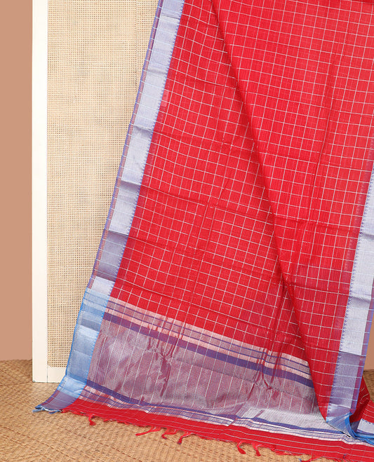 Vibrant Red Chirala Cotton Saree, Elevated with Checks All Over Its Body, Complemented by a Contrast Zari Temple Border, Gleaming Pallu of Stripes, and Paired with a Contrast Blouse