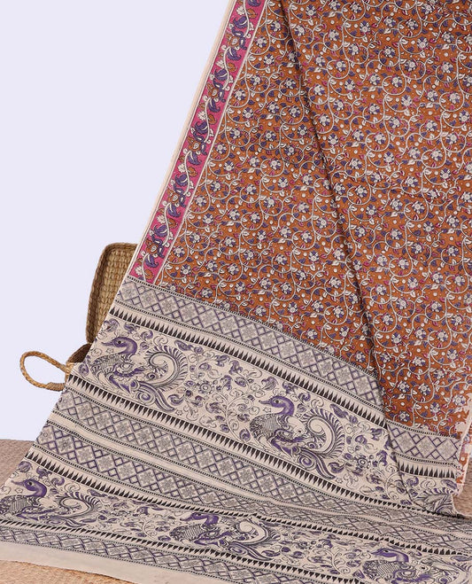 Brown floral vine design machine-printed kalamkari cotton saree with contrast border & peacock, geometric design pallu