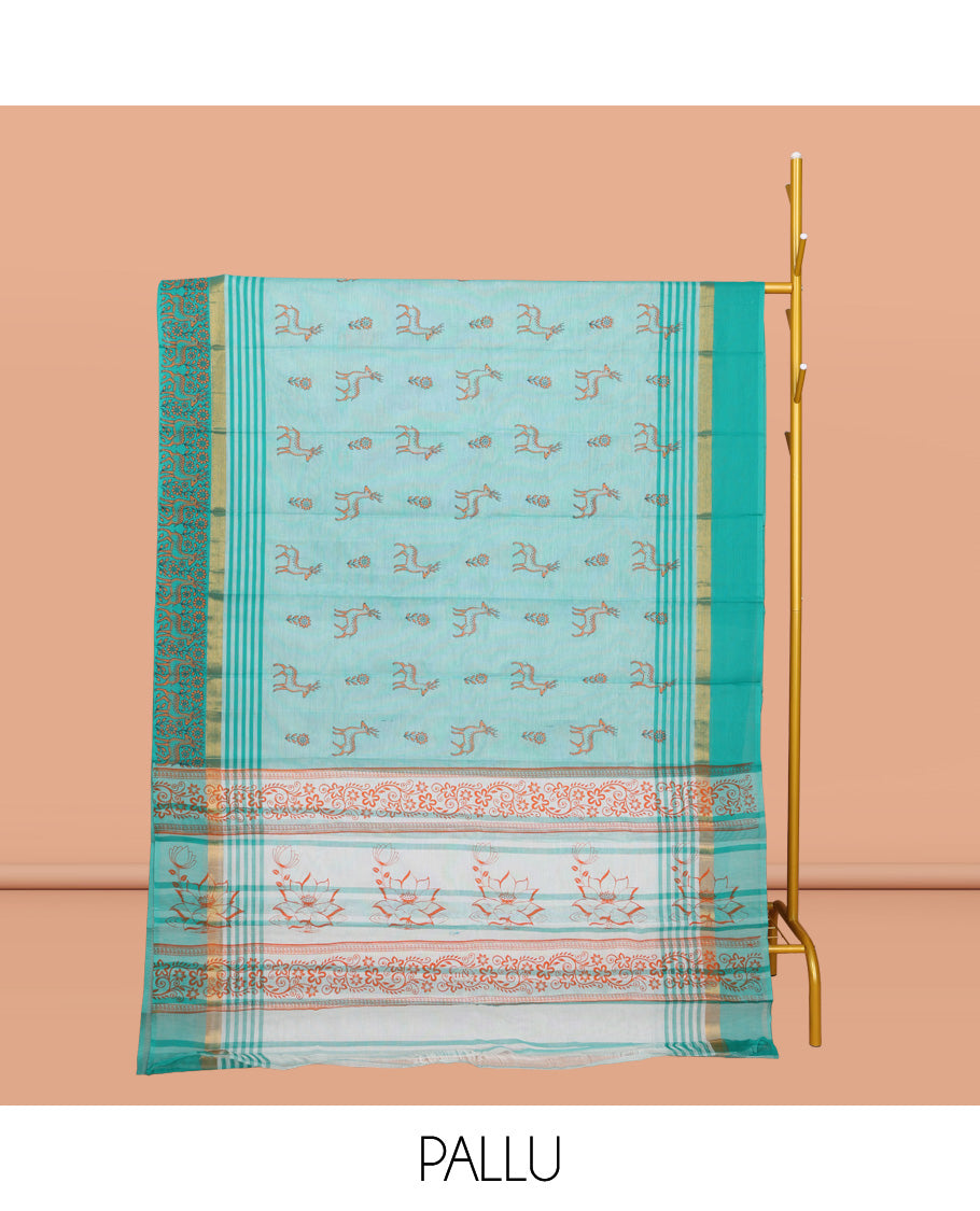 Light Turquoise Chirala Cotton Saree, Ornamented with Floral and Deer Motifs, a Contrast Deer Motifs Border, Striped Pallu, and a Matching Blouse