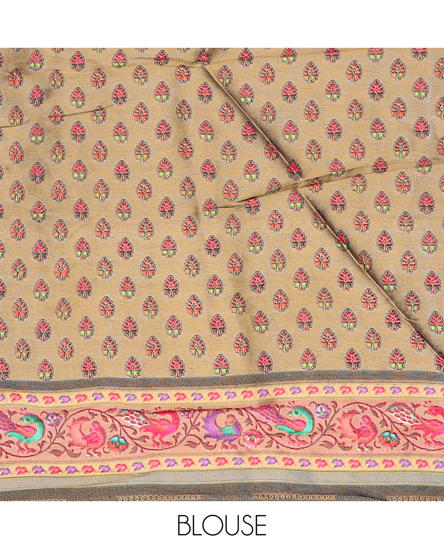 Black grey color floral vine printed dola silk saree, contrast floral and bird printed border, and pallu