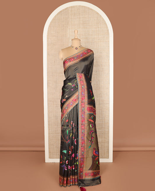 Black grey color floral vine printed dola silk saree, contrast floral and bird printed border, and pallu