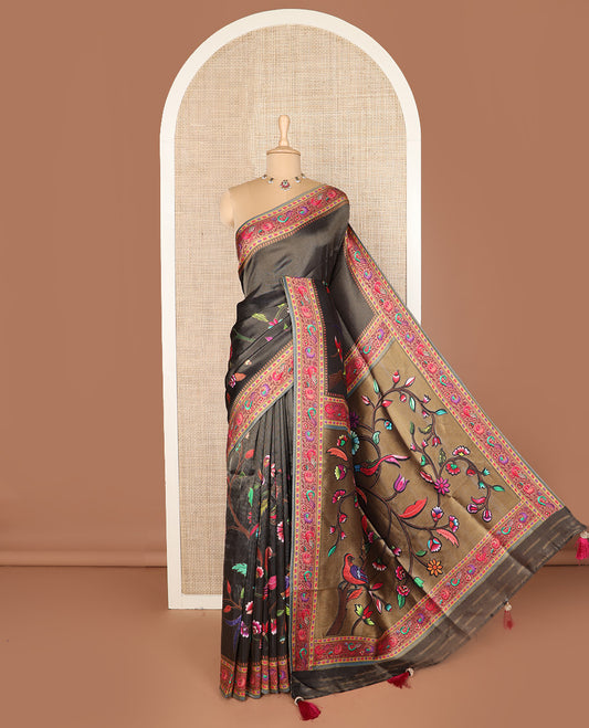 Black grey color floral vine printed dola silk saree, contrast floral and bird printed border, and pallu