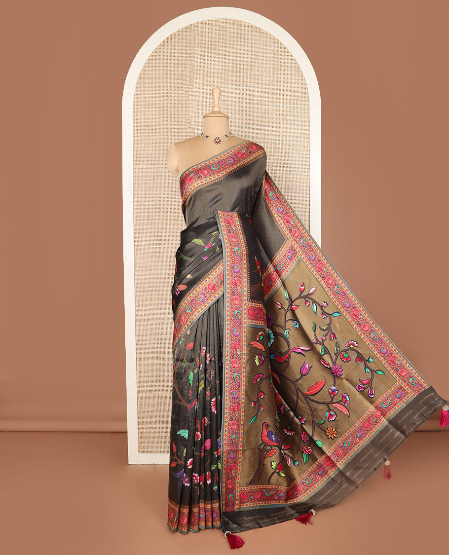 Black grey color floral vine printed dola silk saree, contrast floral and bird printed border, and pallu