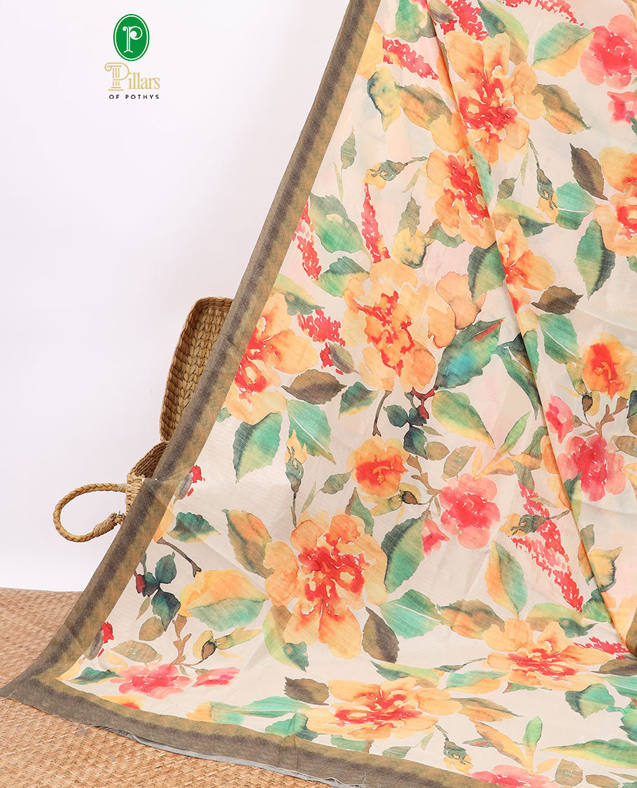 Orange floral digital printed crepe saree with contrast intricate design border
