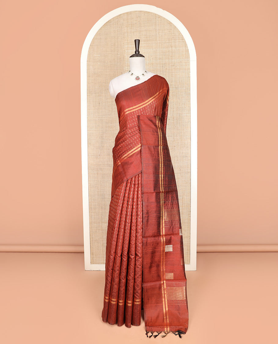 Rust Orange Dupion Silk Saree Beautified with Dobby-Style Buttas All Over Its Body, Zari Striped Border, Pallu Steeped with Square Designs, and Paired with a Matching Blouse