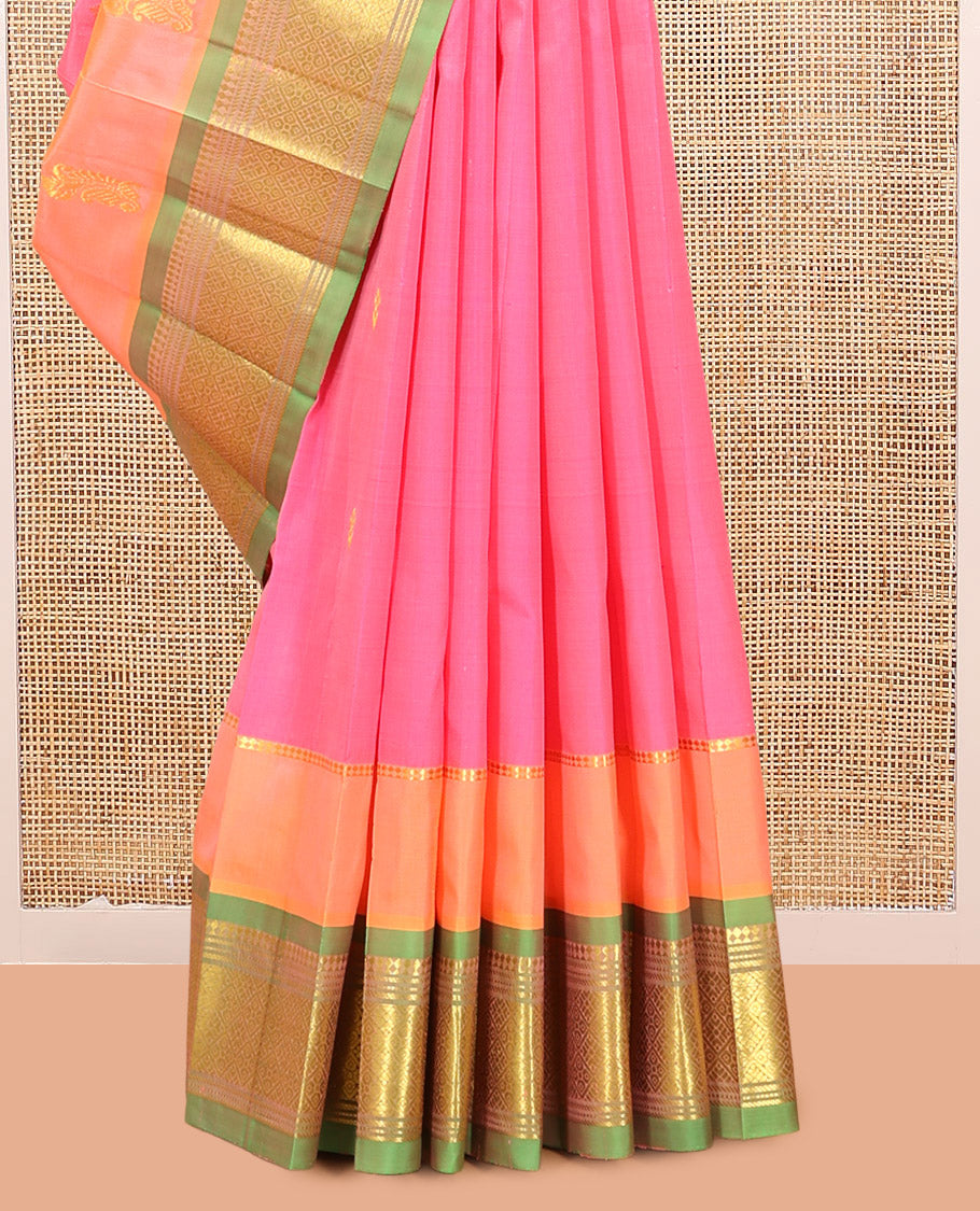 Pink Kanchipuram Silk Saree, Decorated with Zari Buttas, Complemented by a Contrast Border of Panner Sombu, Banaras, Muthu, and Jaal Design, Grand Pallu, and No Blouse