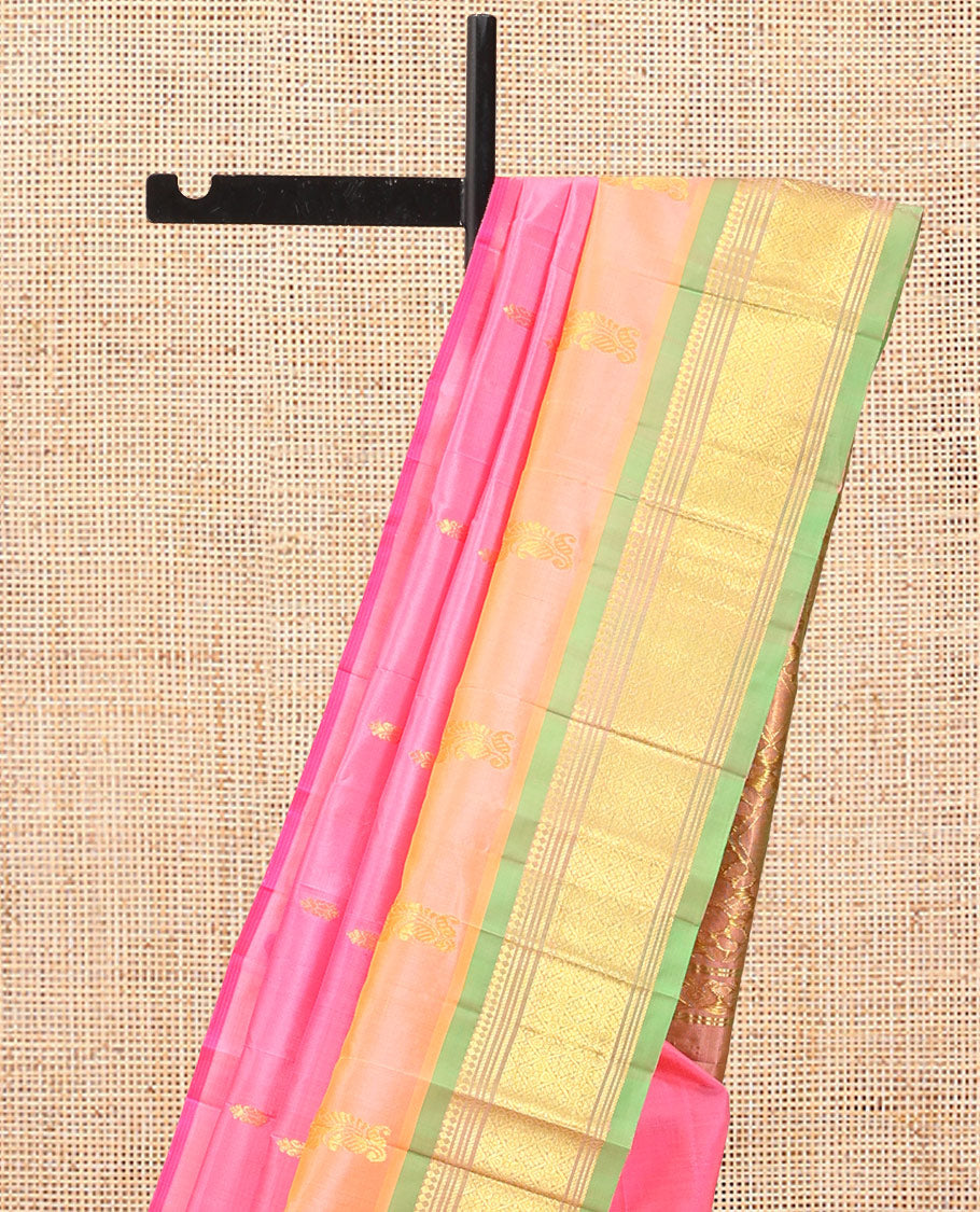 Pink Kanchipuram Silk Saree, Decorated with Zari Buttas, Complemented by a Contrast Border of Panner Sombu, Banaras, Muthu, and Jaal Design, Grand Pallu, and No Blouse