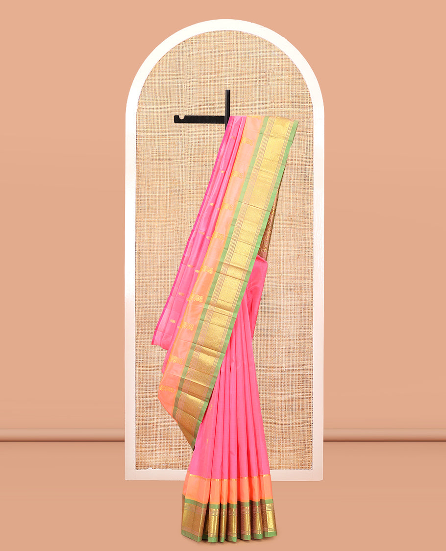Pink Kanchipuram Silk Saree, Decorated with Zari Buttas, Complemented by a Contrast Border of Panner Sombu, Banaras, Muthu, and Jaal Design, Grand Pallu, and No Blouse