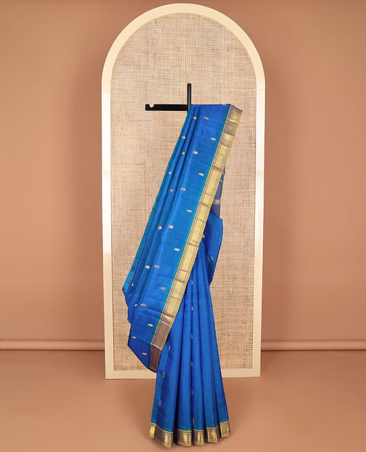 Blue floral buttas kancheepuram silk saree with contrast border of zari design & floral design pallu