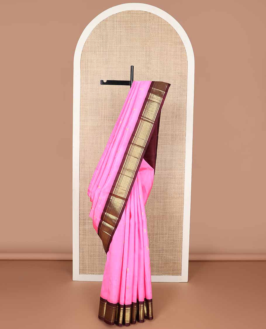 Pink buttas kancheepuram silk saree with contrast korvai border of rekku, banaras, checked design & zari design pallu
