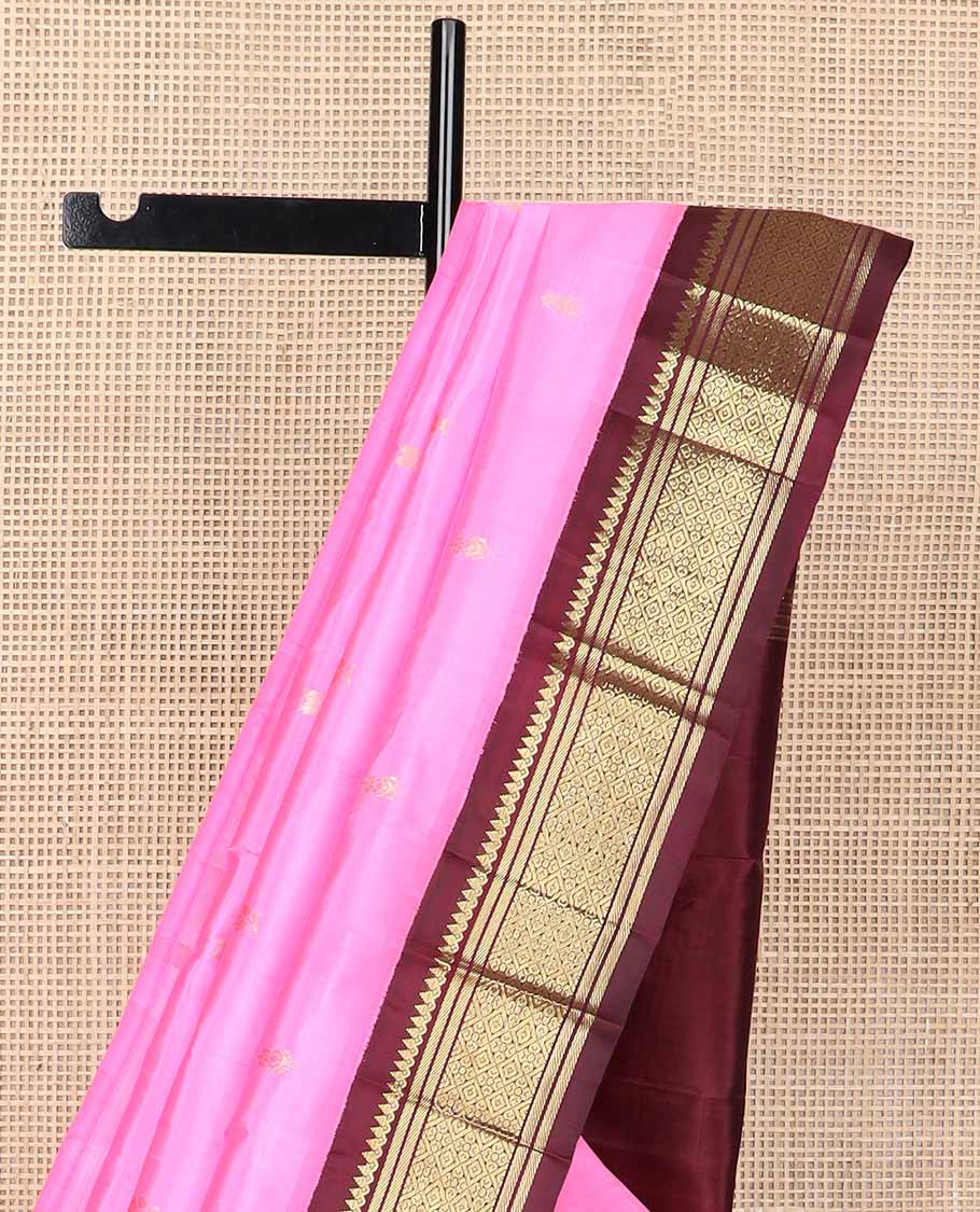 Pink buttas kancheepuram silk saree with contrast korvai border of rekku, banaras, checked design & zari design pallu