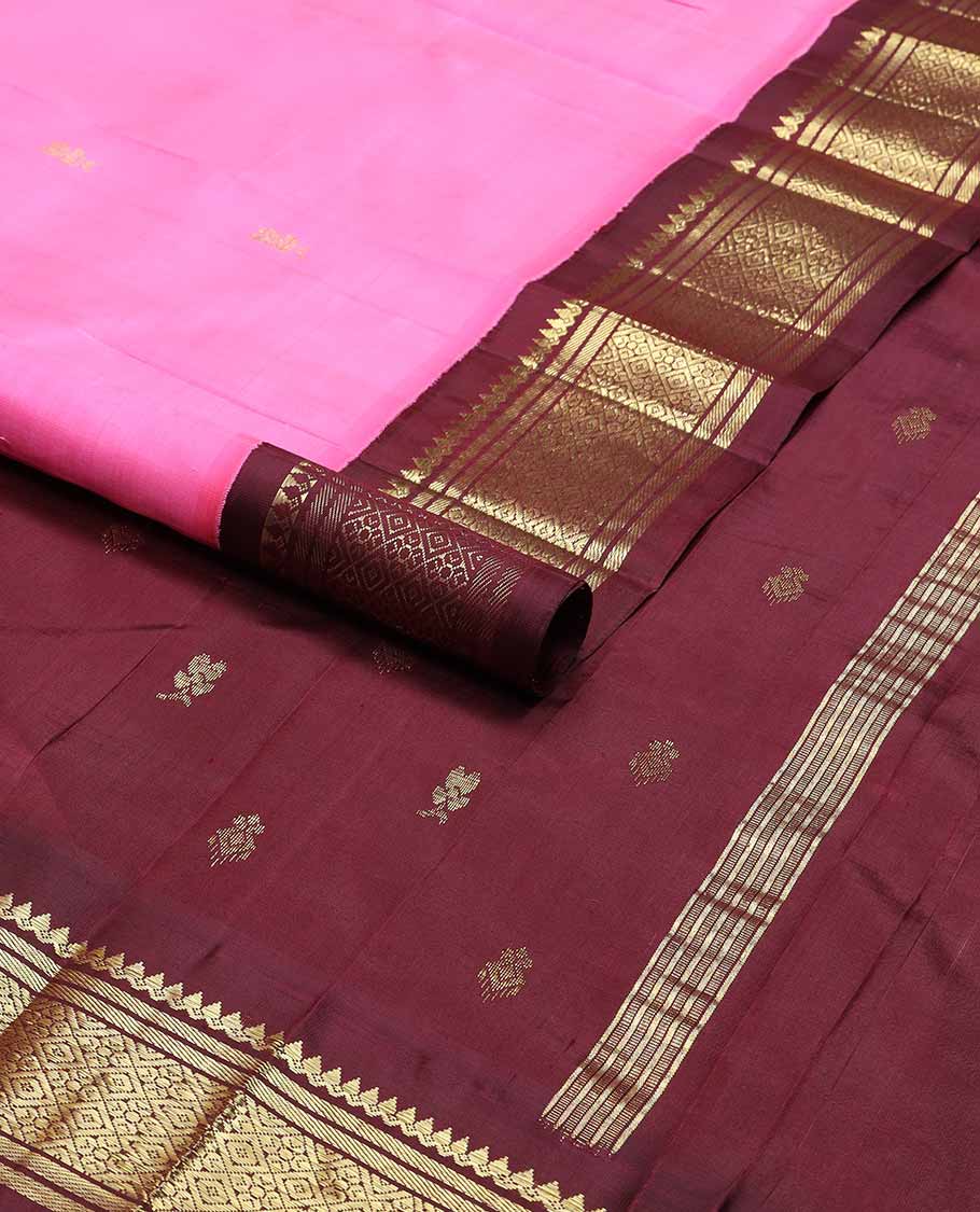 Pink buttas kancheepuram silk saree with contrast korvai border of rekku, banaras, checked design & zari design pallu