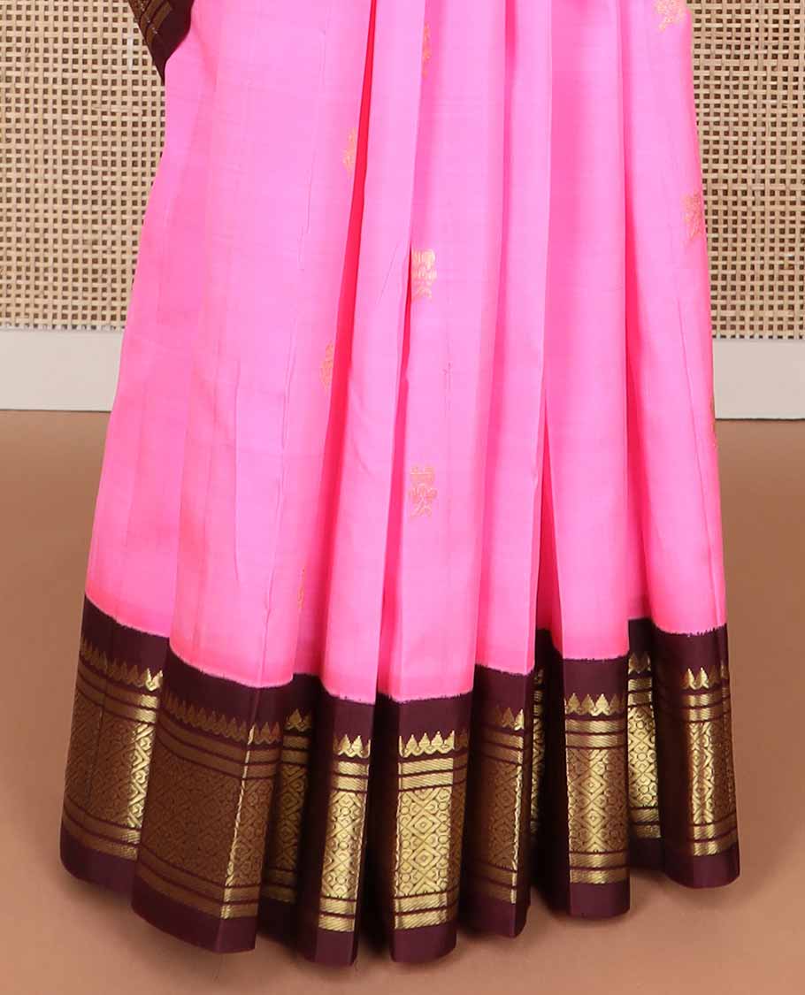Pink buttas kancheepuram silk saree with contrast korvai border of rekku, banaras, checked design & zari design pallu