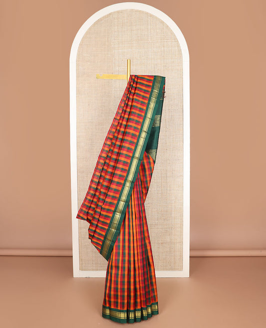 Multi-color checked kanchipuram silksaree, contrast one-sided korvai border of banaras & jaal & zari design pallu